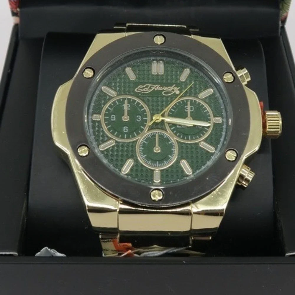 Ed Hardy Mens Chronograph Watch Gold Tone Green Dial Stainless Steel with Box‎